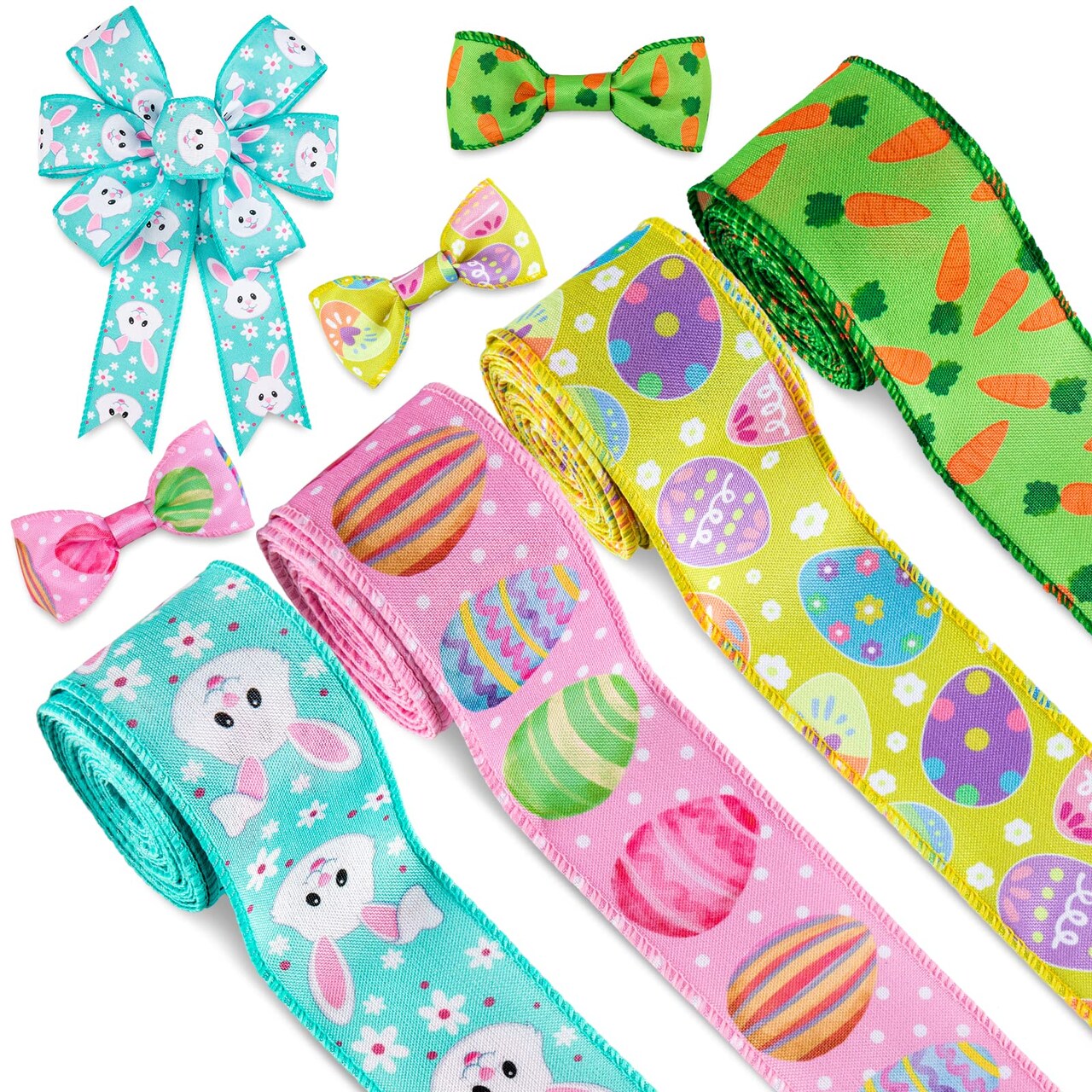 Easter Wired Edge Ribbon 30 Yard Easter Egg Bunny Rabbit Carrot Ribbon Pastel Spring Color Craft Ribbon Fabric Decorative Wrapping Ribbon Roll for Gift Hair Bow Sewing Crafts Supplies, 4 Roll